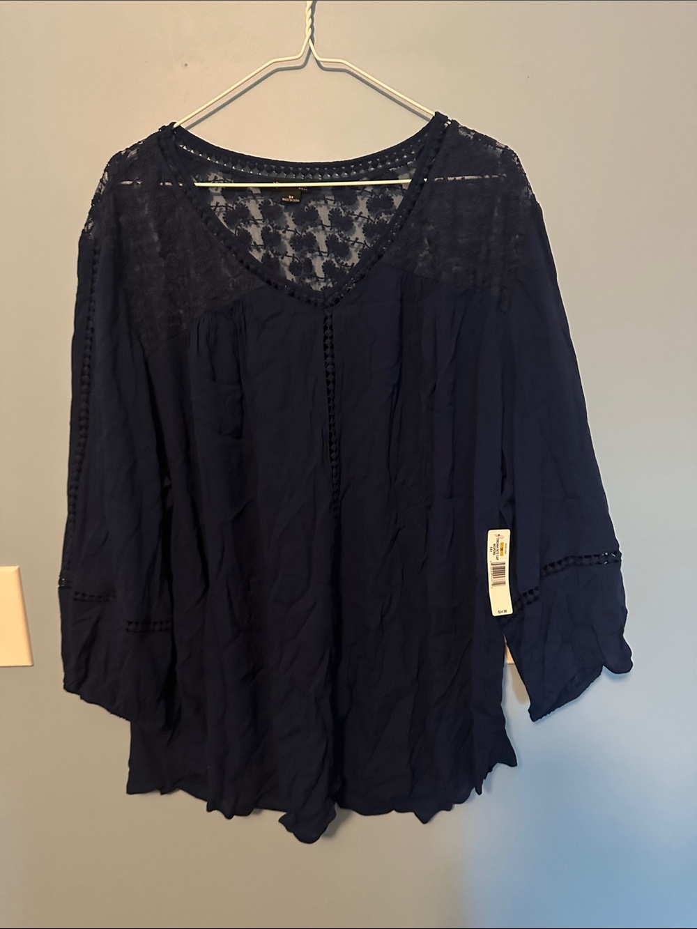 New Directions Navy Lace Yoke Peasant Top